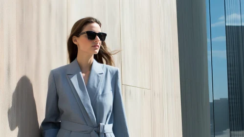 Serious Young Woman in Blue Suit and Sunglasses