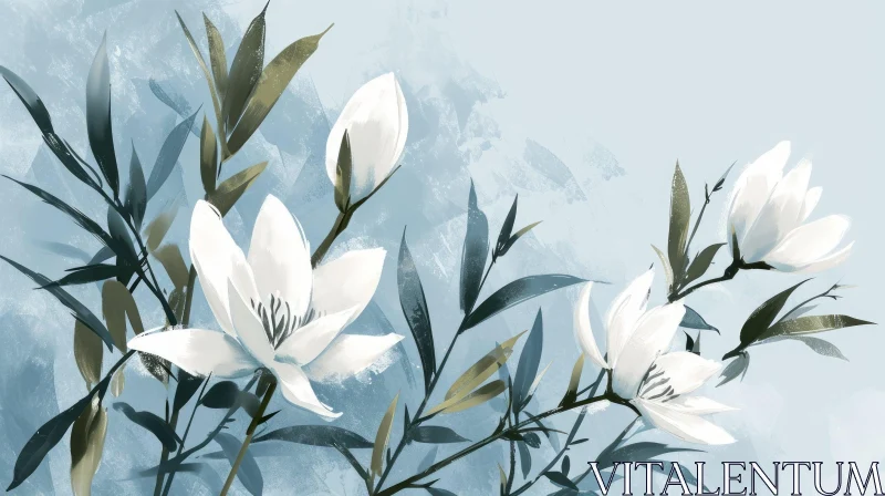 White Magnolia Flowers Watercolor Painting AI Image