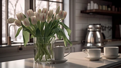 White Tulips in Glass Vase - Kitchen Scene