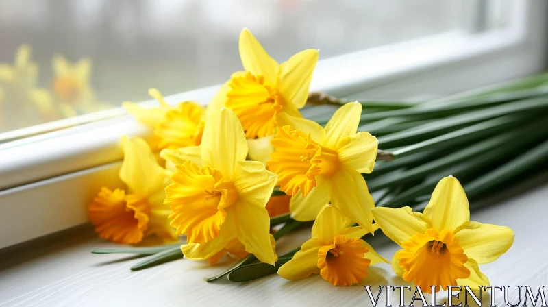 Yellow Daffodil Bouquet on White Windowsill AI Image