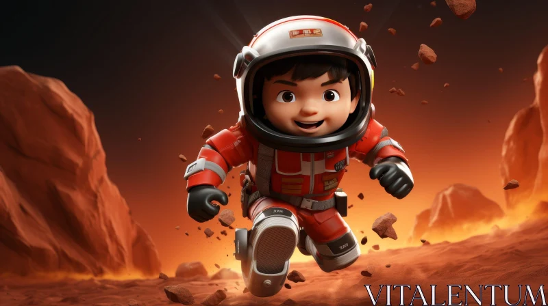 Young Boy in Red and White Spacesuit Running on Rocky Planet AI Image