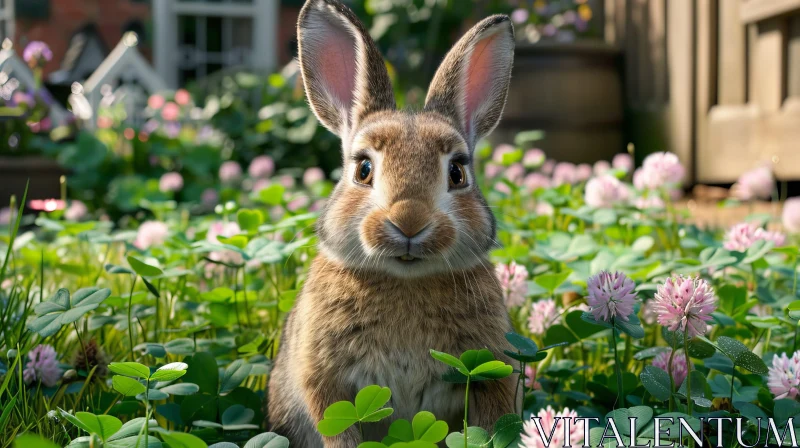 Brown Rabbit in Green Clover Field AI Image
