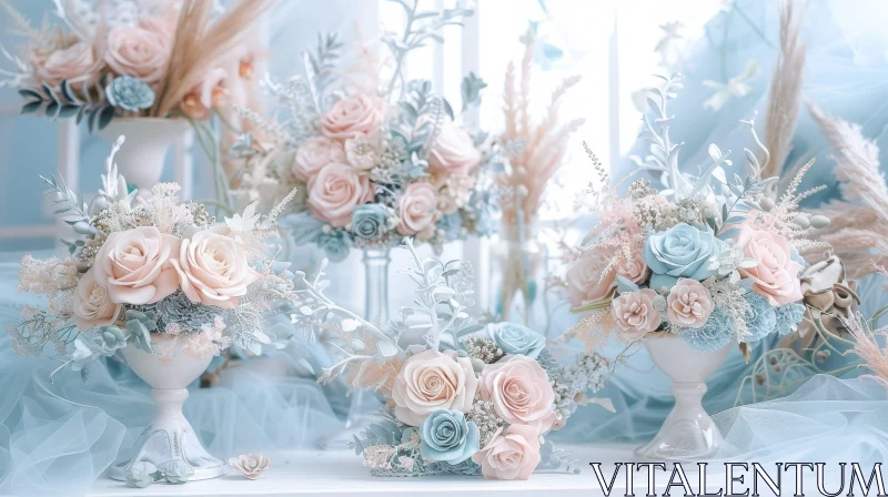 Romantic Pink and Blue Flower Vases AI Image