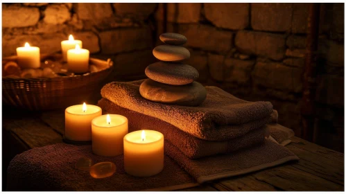 Tranquil Spa Setting with Candles and Towels
