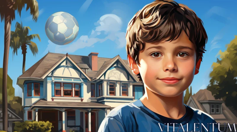 Young Boy in Blue Shirt Standing in Front of House AI Image