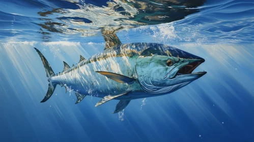 Blue and Silver Fish Swimming Underwater - Yellowfin Tuna