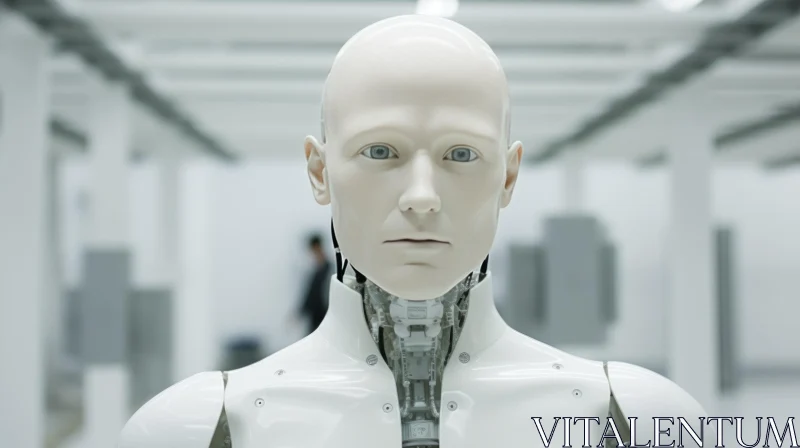 Blue-Eyed Humanoid Robot in White Room AI Image