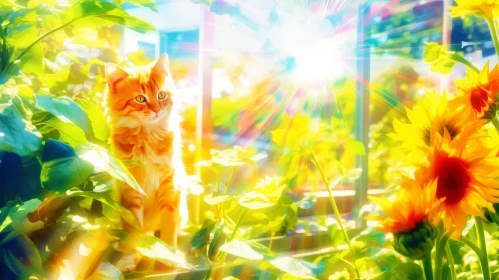 Curious Ginger Cat in Sunflower Garden