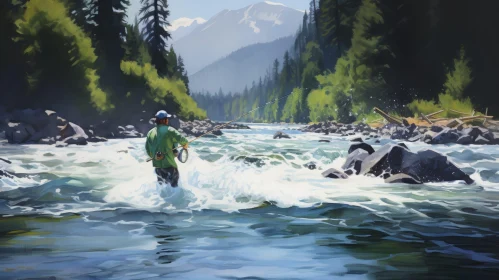 Man Fly Fishing in River Painting
