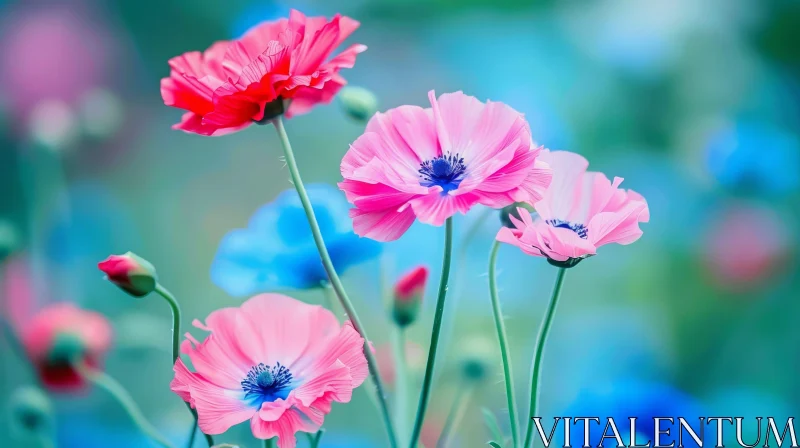 Pink and Blue Flowers Close-Up AI Image