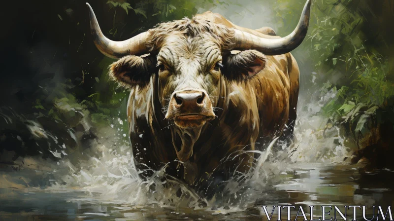 Running Bull in River - Powerful Nature Painting AI Image