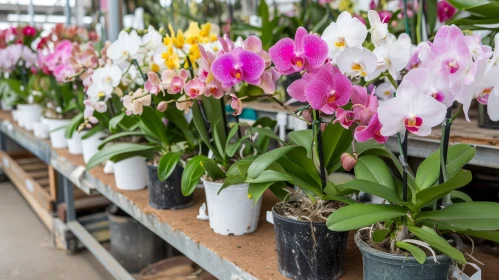 Blooming Orchids in Colorful Greenhouse