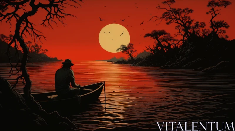 Mysterious Digital Painting of Man in Boat on River AI Image
