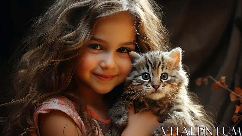 Smiling Girl with Kitten Portrait AI Image
