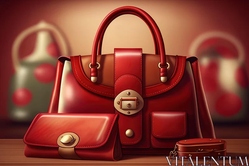 AI ART Vintage Red Leather Handbag with Accessories - Detailed Digital Painting