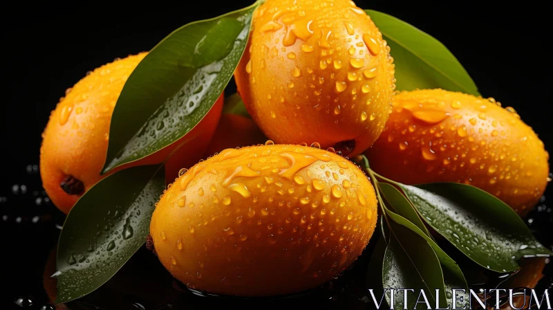 Yellow Mangoes with Water Droplets on Black Background AI Image