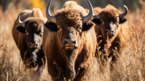 Brown Bison Herd Walking in Field