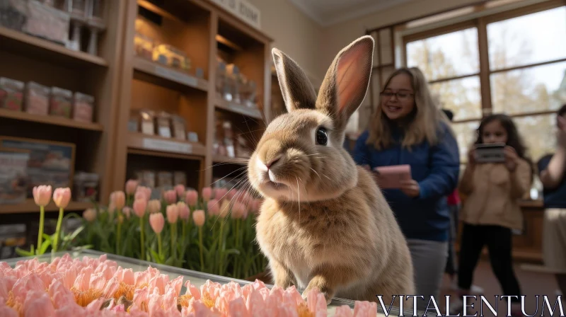 Brown Rabbit Among Pink Tulips - Enchanting Scene AI Image