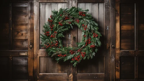 Christmas Wreath on Wooden Door - Festive Home Decor