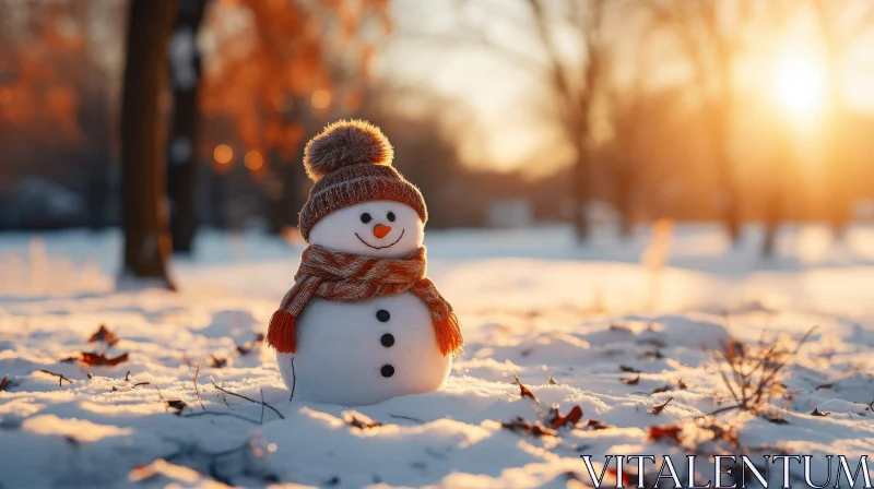 Snowman in Snowy Forest at Sunset AI Image