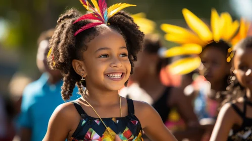 Young Girl in Colorful Dress and Feathered Headdress