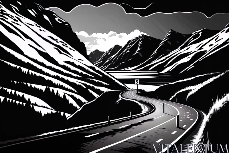 Captivating Black and White Illustration of a Winding Road through Mountains AI Image