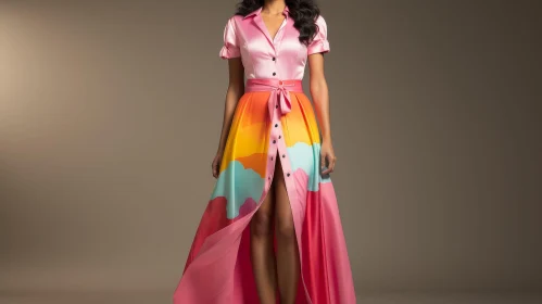 Elegant Pink and Blue Satin Dress with High Slit