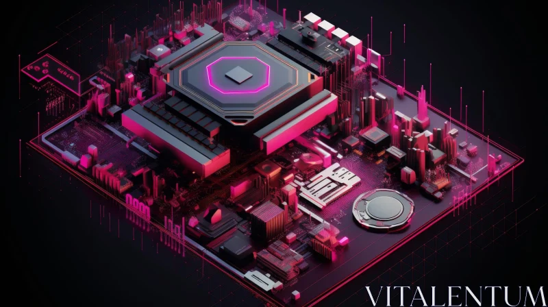 AI ART Glowing Pink CPU on Circuit Board - Technology Art