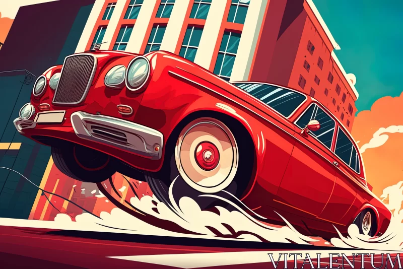 Red Hot Car Soaring Over City | Lowbrow Hyper-Detailed Illustration AI Image