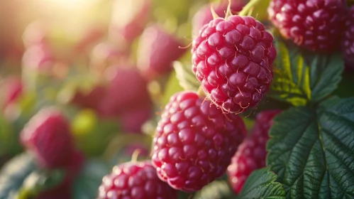 Ripe Red Raspberries on Branch - Close-up View