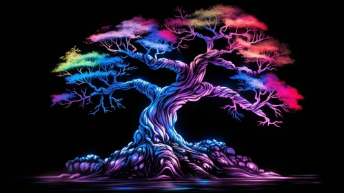 Bonsai Tree Digital Painting with Rainbow Leaves