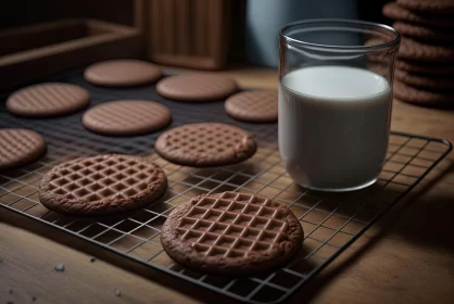 Delicious Chocolate Cookies and Milk on a Wooden Rack
