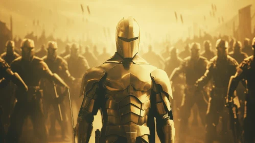 Golden Knight in Armor Facing Army of Soldiers