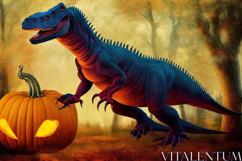 Majestic T-Rex in a Mysterious Forest with a Pumpkin - Hyperrealistic Murals AI Image
