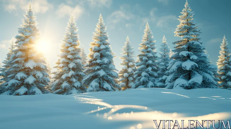 Serene Winter Landscape with Snow-Covered Trees and Sunlight AI Image