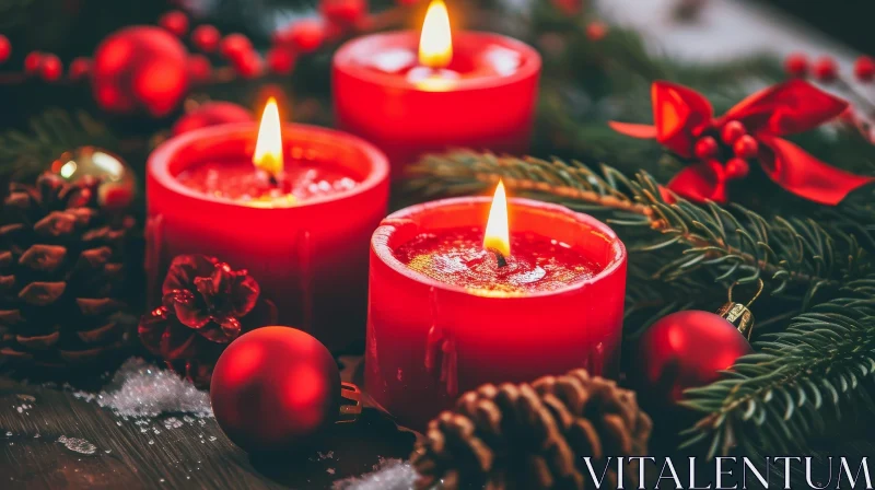 Warm Festive Scene with Red Candles on Wooden Table AI Image
