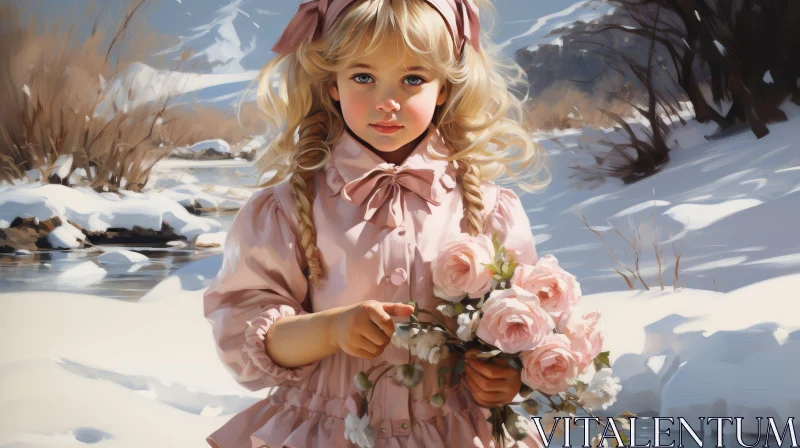 AI ART Young Girl in Pink Dress: Snowy Forest Painting