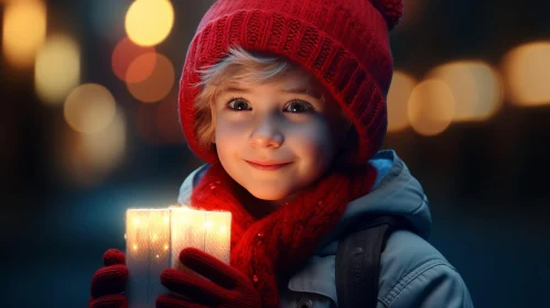 Charming Boy with Candle in Red Beanie | Bokeh Lights Background