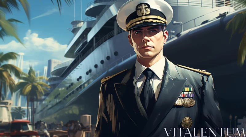 Serious Naval Man with Ship and Palm Trees AI Image