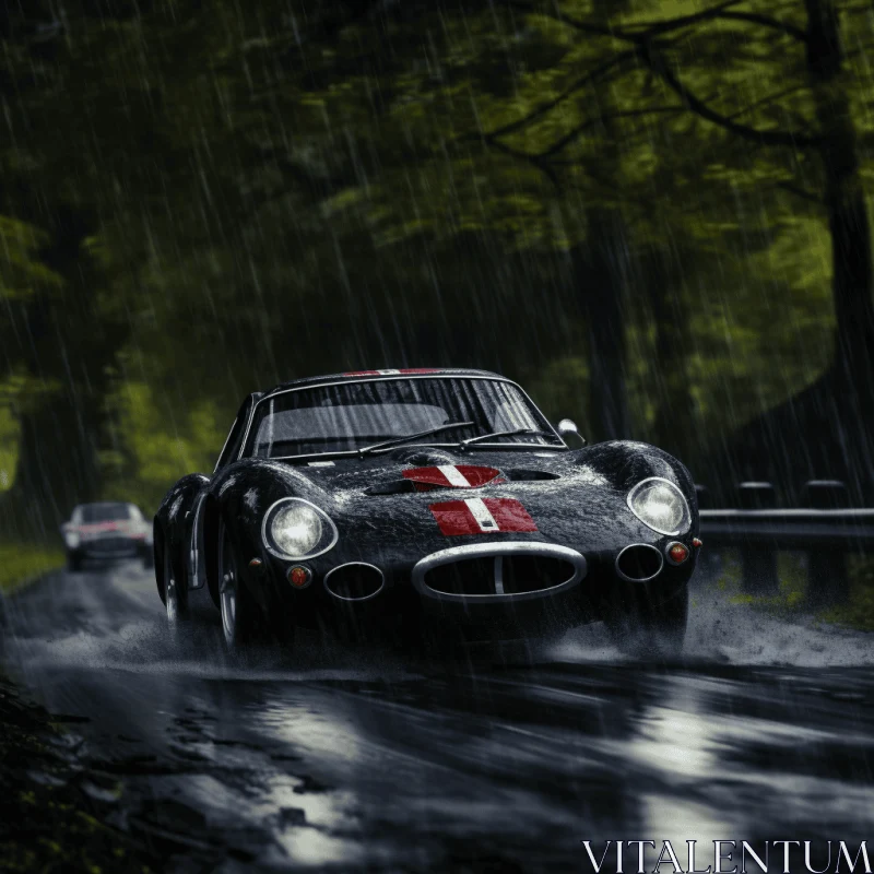 Captivating Image of a Vintage Black Sports Car Driving on a Wet Road AI Image