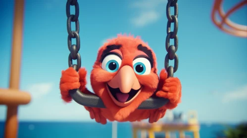 Cheerful Cartoon Parrot Swinging on Chain at Beach