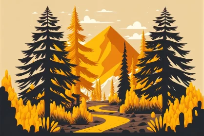 Enchanting Forest Path Illustration | Golden Hues | Graphic Design