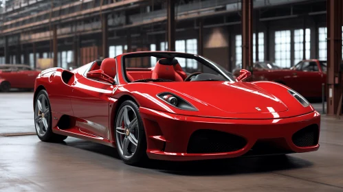 Hyperrealistic Red Sports Car in Industrial Warehouse