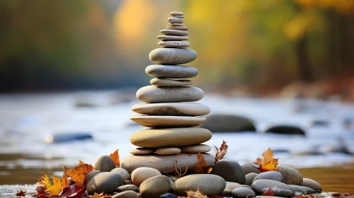 Riverbank Stones Stack - Tranquil Nature Scene