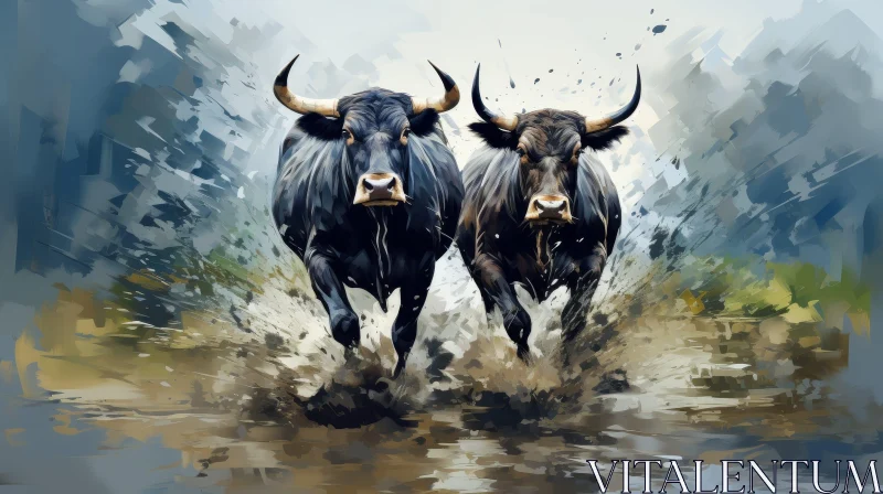 AI ART Running Bulls Watercolor Painting - Nature Energy