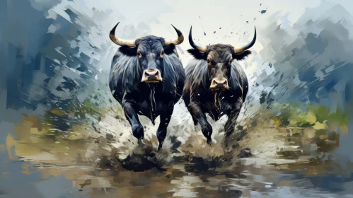 Running Bulls Watercolor Painting - Nature Energy