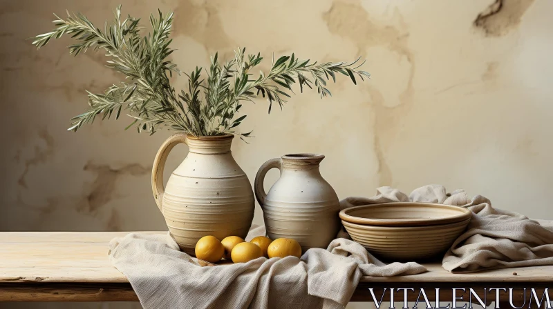 Rustic Still Life with Ceramic Vase and Lemons AI Image