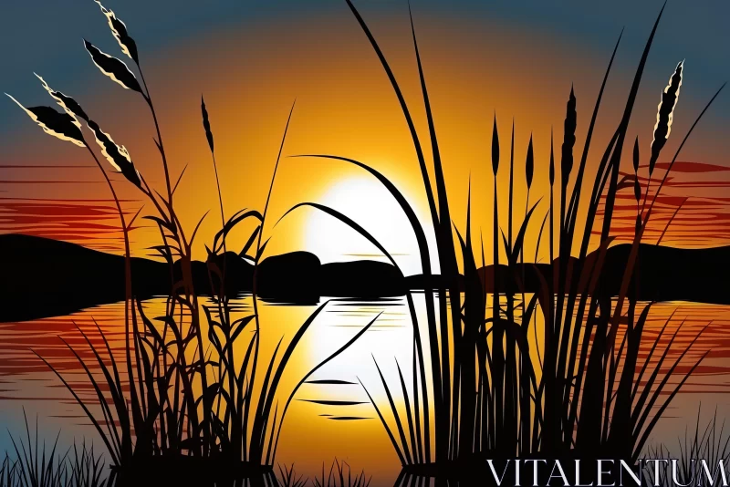 Sunset Illustration with Reed over Water AI Image