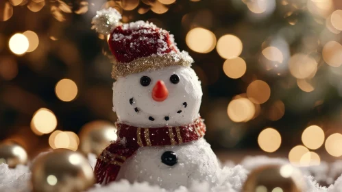 Winter Snowman with Red Hat and Bokeh Lights