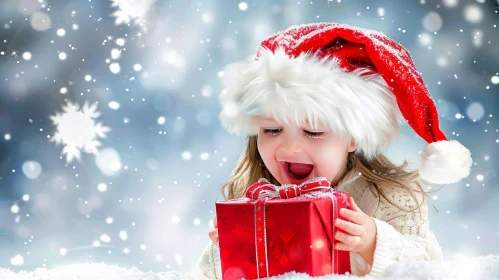 Christmas Joy: Little Girl in Santa Hat with Gift
